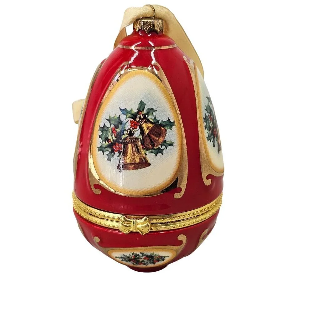 Mr Christmas Red Christmas Gift Box Ceramic Egg Shaped Ornament Gold Latch VTG